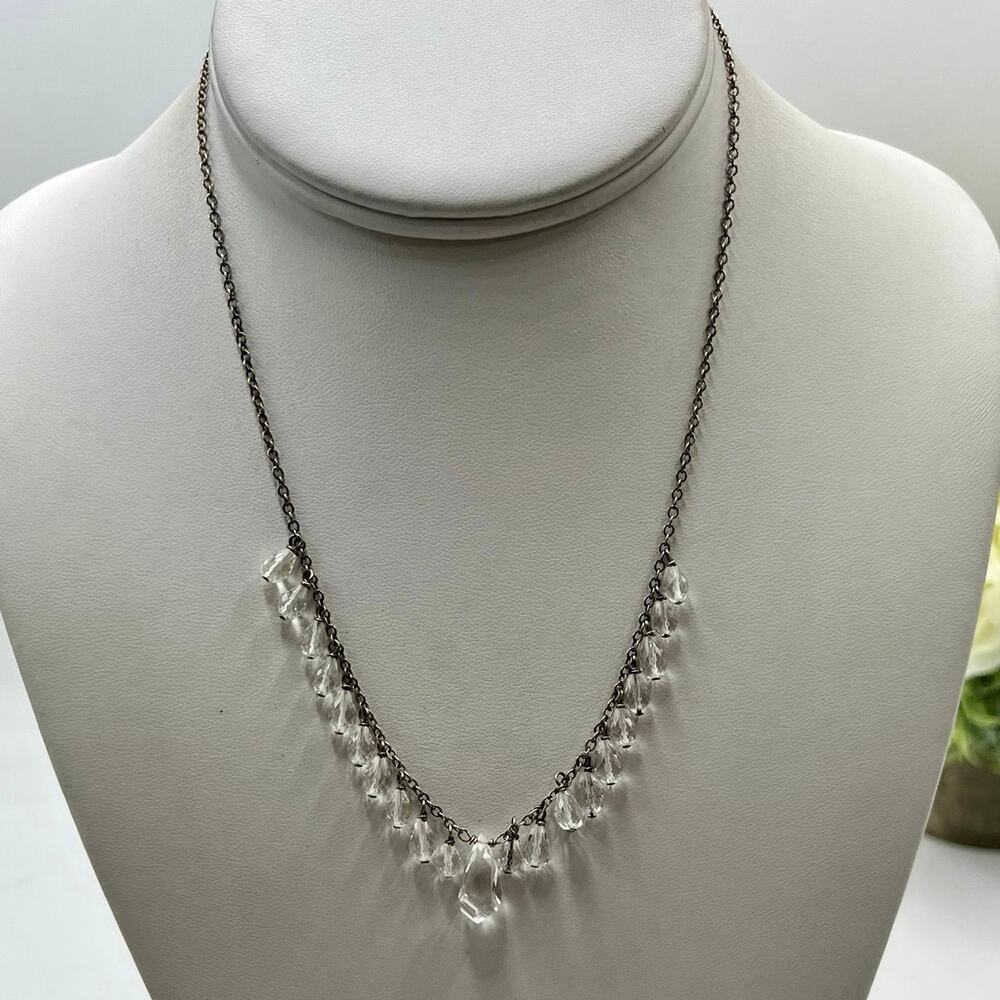 Vintage 925 Sterling Silver Crystal Rock Quartz Teardrop‎ Fringe Necklace 16"